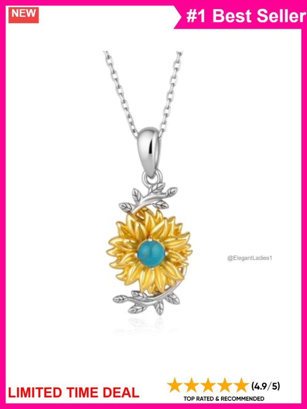 Genuine Turquoise Sunflower Necklace 925 Sterling Silver Pendant
